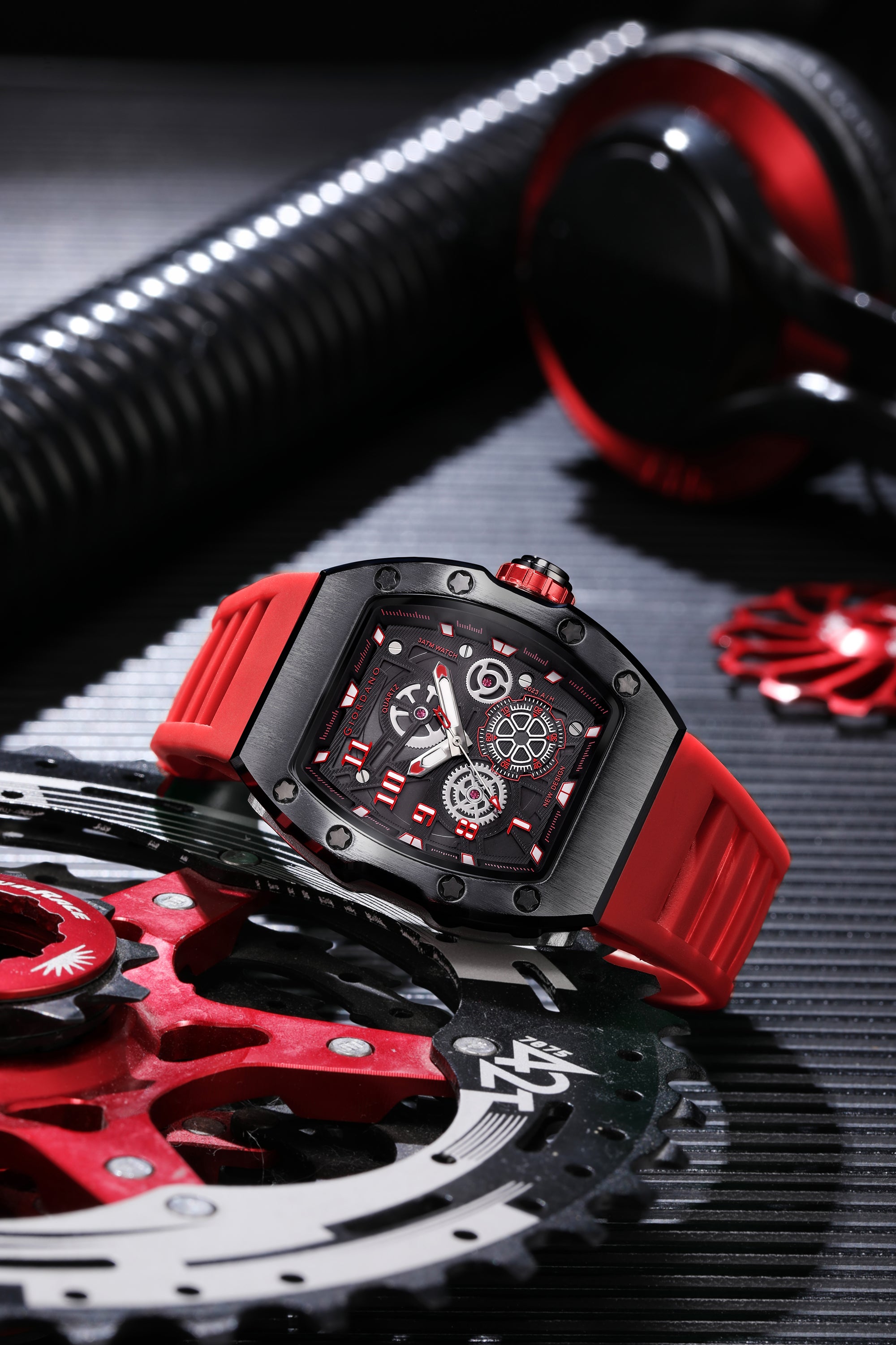 Giordano Sqaure Analog Casual Sporty Watch for Men – Mechanical-Inspired Design dial, Quartz Movement, silicon strap and date display | GZ-50150-02